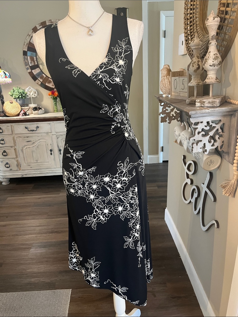 Bisou Bisou Black Midi Dress with White Floral Print